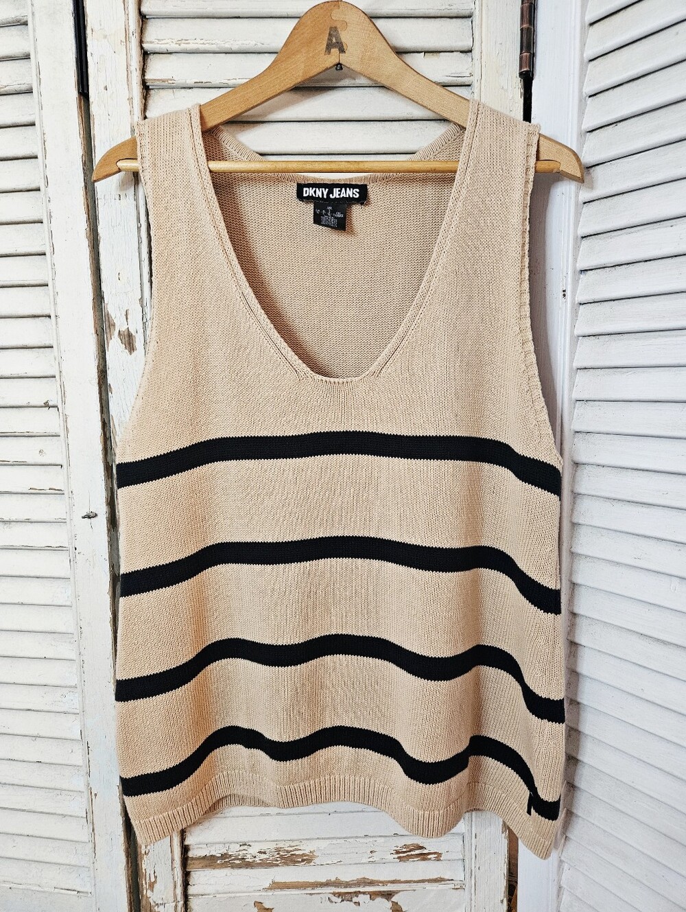 DKNY Jeans 100% Cotton Knit Tank Beige And Black Stripe Large